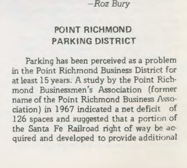 Newsletter excerpt: Point Richmond Parking District article opening, 1967 study found a net deficit of 126 spaces