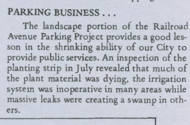 Newsletter excerpt: Parking Business, plant material dying, irrigation inoperative