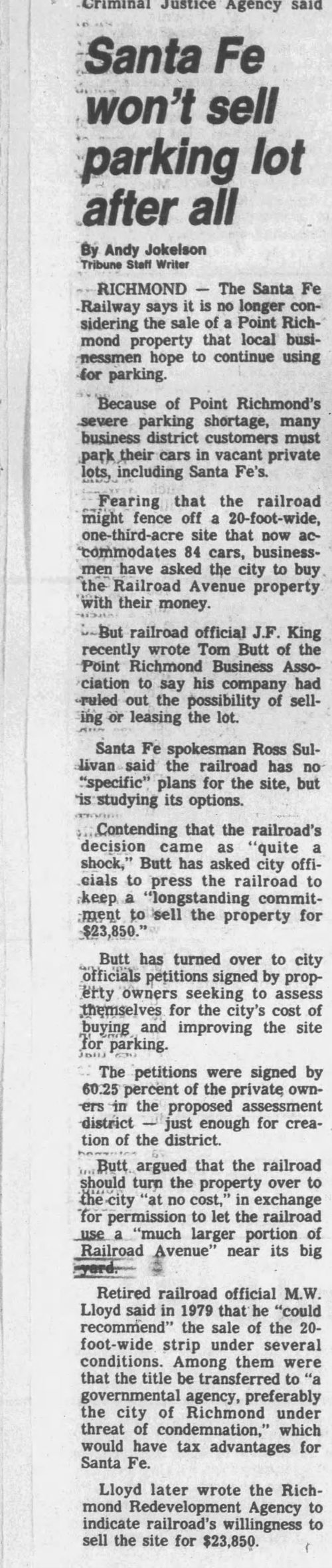 Oakland Tribune clipping: Santa Fe won't sell parking lot after all, by Andy Jokelson, November 16, 1981