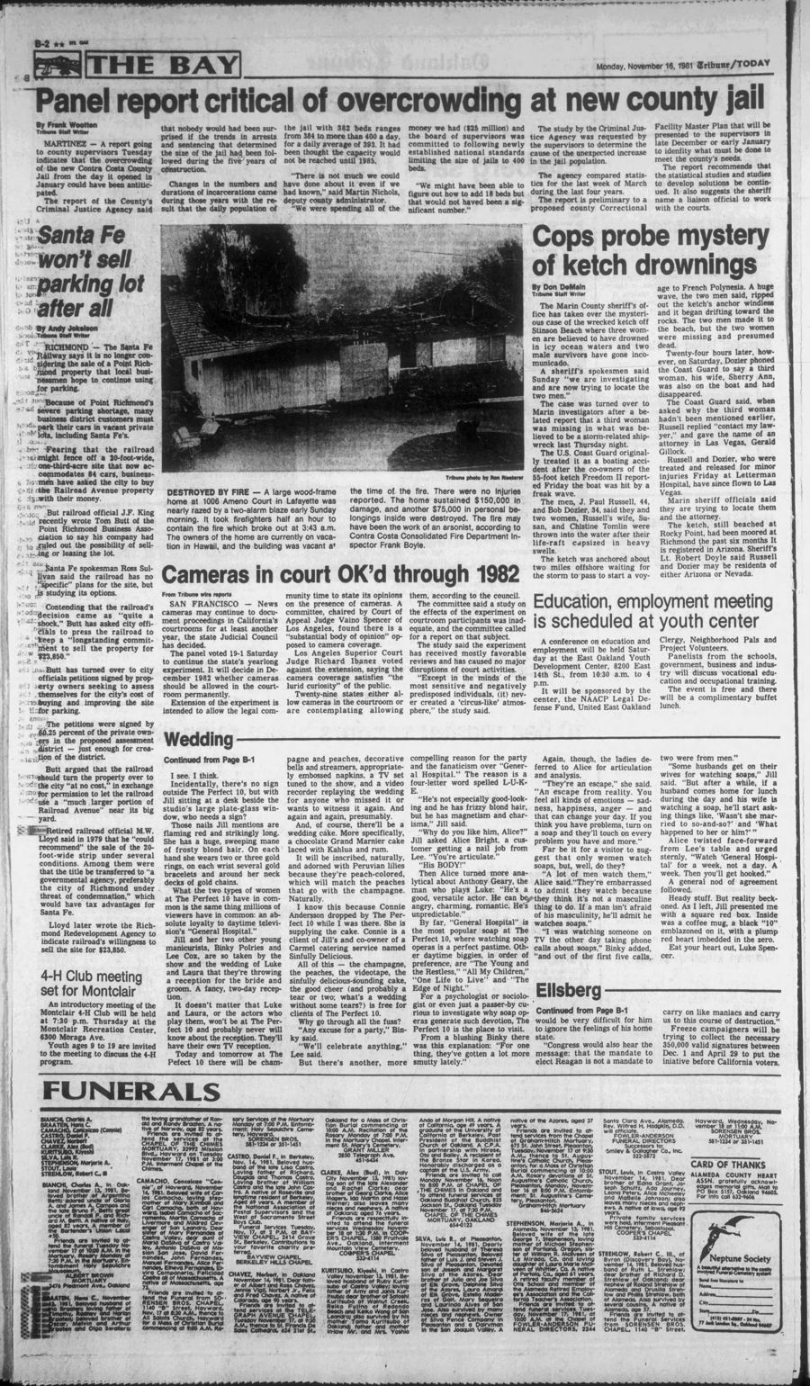 Full page B-2 of the Oakland Tribune, November 16, 1981, showing the Santa Fe parking lot article